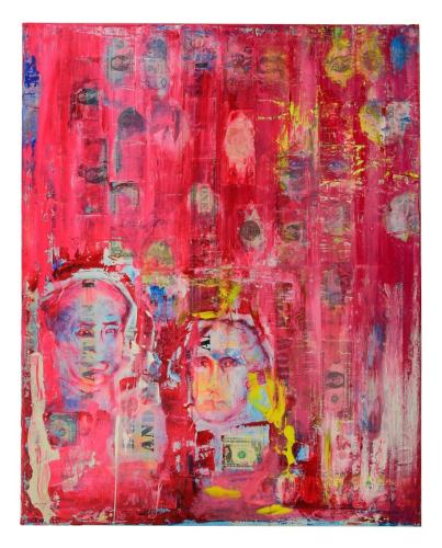 East West in Red (2019-2022); Collage; Banknotes & Acrylic on Canvas; 32'' x 40''Osten Westen in Rot; Collagenelemete & Acryl auf Leinwand; 80cm x 100cm