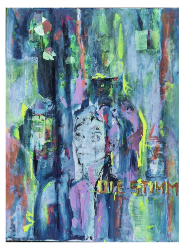 Die Stimme (The Voice 2023) 50x70 cm / 20 x 28'' Acrylic, Watercolor, Ink, Banknote & Prayer Book on Canvas