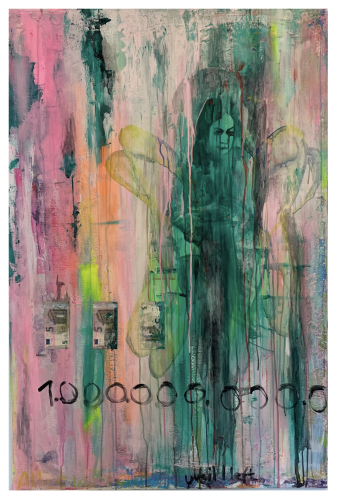 Alles wird gut - Everything will be fine" (2024) 80x120 cm/32x48'', Acrylic, Watercolour  Banknotes on Canvas