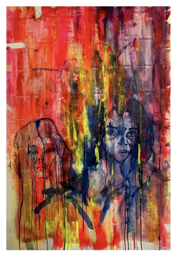 "Party queens after a tough night in the morning" (2024), 80x120 cm/32x48'' Acrylic & Ink on Canvas