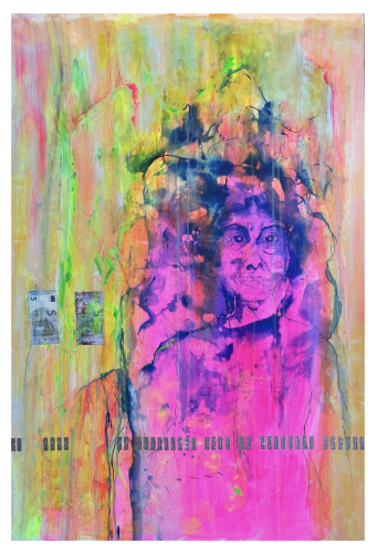 Businessman in the Morning (2024), 80x120 cm/32x48'' Acrylic, Ink  Banknotes, Holographic Seal on Canvas