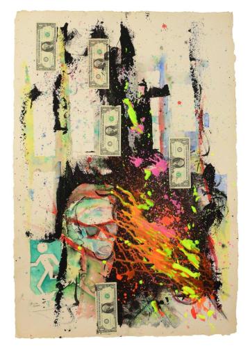 Fire (2022); Collage; Watercolor, Acrylic & Banknotes on Handmade Paper; 28'' x 40''Feuer; Collage / Aquarell, Geldscheine auf Büttenpapier; 70cm x 100cm