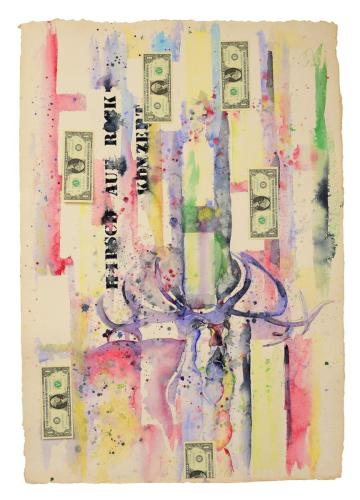 Joy (2022); Collage; Watercolor and Banknotes on Handmade Paper; 28'' x 40''Spass; Collage / Aquarell & Geldscheine auf Büttenpapier70cm x 100cm