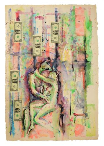 Money-Kiss - Hommage a Rodin  (2022); Collage; Watercolor and Banknotes on Handmade Paper; 28'' x 40''Geldkuss - Hommage a Rodin; Collage / Aquarell auf Büttenpapier; 70cm x 100cm